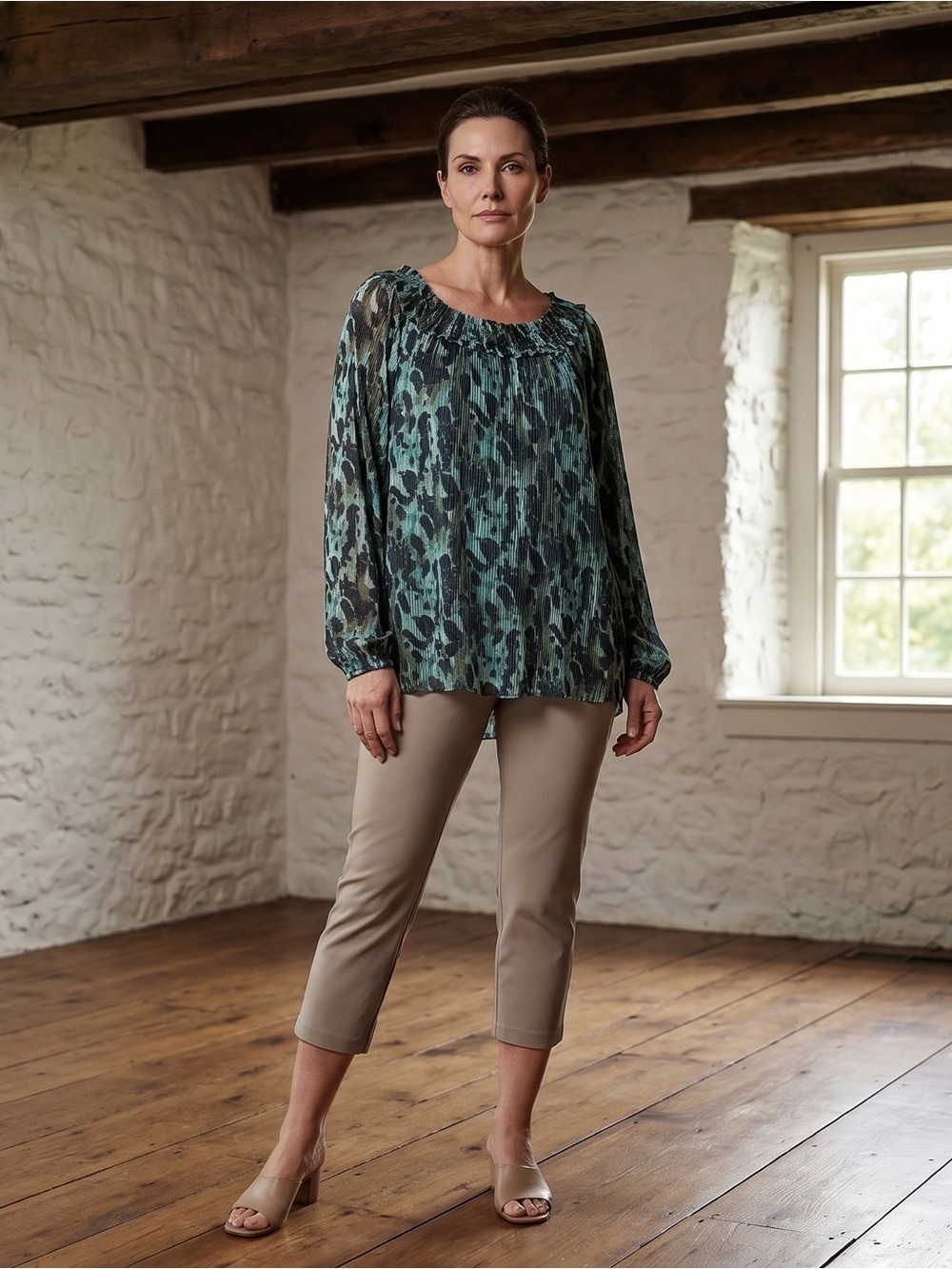 Terra & Sky Black & Green Teal  Peasant Blouse with Abstract Animal Print